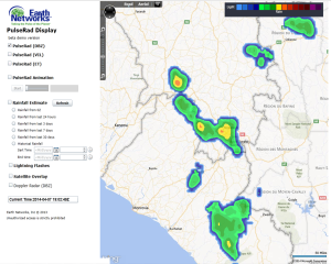 PulseRad simulated radar showed the heaviest storms in the hilly terrain northwest of Nzerekore.