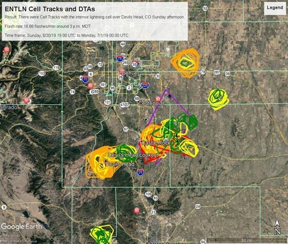 Thunderstorm Cell Tracks and a Dangerous Thunderstorm Alert near Devil's Head, Colorado on the day lightning struck 8 hikers