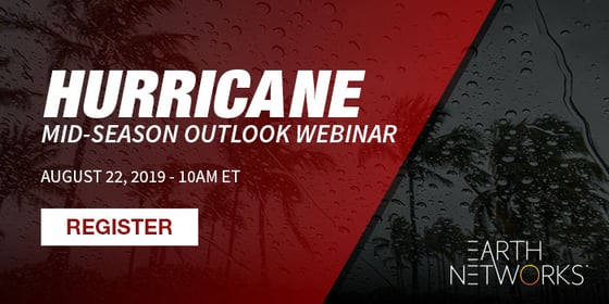 Stormy background with text promoting the 2019 Hurricane Mid-Season Outlook Webinar on August 22, 2019 - 10 AM ET