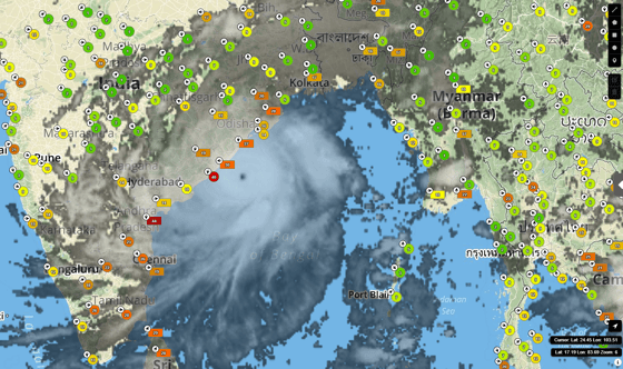 Satellite image of Fani off the coast of Odisha, India with current wind gust information from Sferic Maps