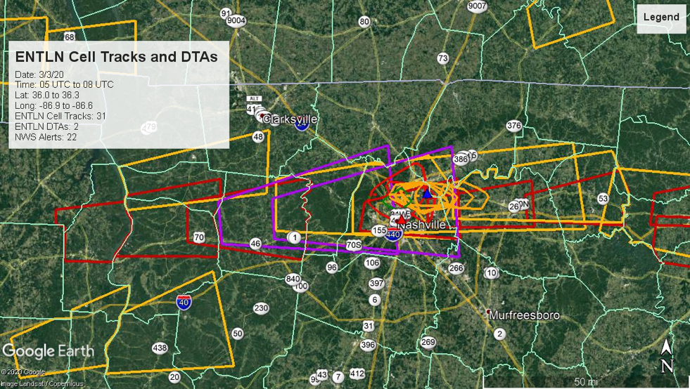 Earth Networks cell tracks, DTAs, and NWS storm reports from Nashville Tornado on March 3, 2020