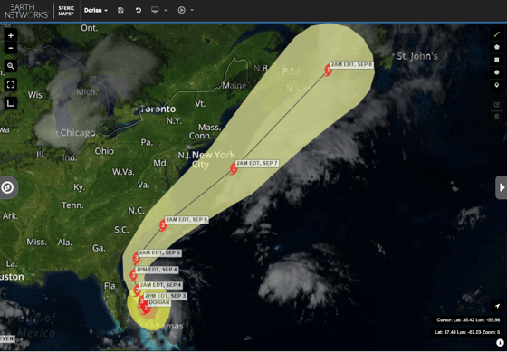 Hurricane Dorian track as of 9/3/2019 visualized on Sferic MAps weather map