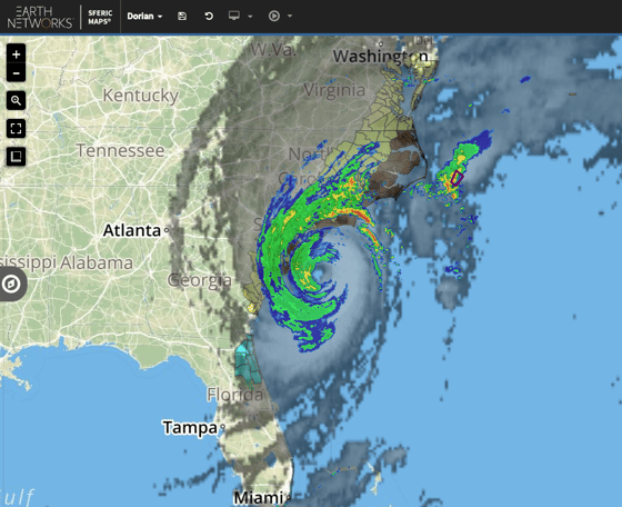 A view of live radar and satellite images of Hurricane Dorian on our hyperlocal weather map, Sferic Maps