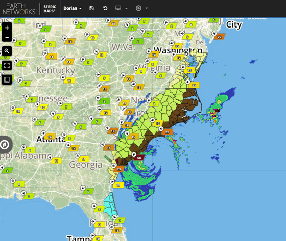The view of National Weather Service tropical watches and warnings along the east coast as a result of Hurricane Dorian visualized on our real-time weather visualization software tool, Sferic Maps