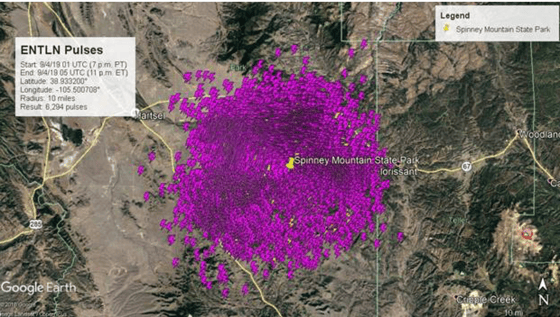 Total lightning detection around Spinney mountain State Park showing the 6,294 in-cloud and cloud-to-ground lightning strikes that occurred within a 10-mile radius from 7pm to 11pm local time on September 3, 2019. Detected by our real-time, hyperlocal lightning network.