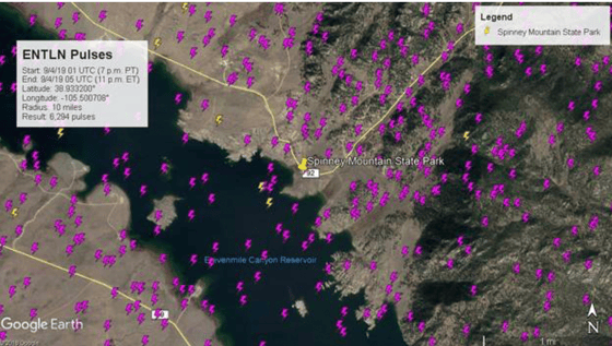 Zoomed-in Total lightning detection around Spinney mountain State Park showing the 6,294 in-cloud and cloud-to-ground lightning strikes that occurred within a 10-mile radius from 7pm to 11pm local time on September 3, 2019. Detected by our real-time, hyperlocal lightning network.
