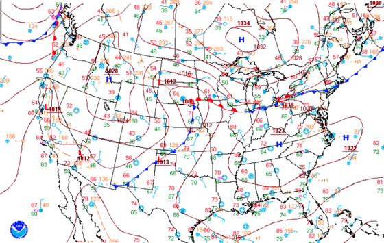 A surface weather observation map by the National Weather Service and National Oceanic and Atmospheric Administration