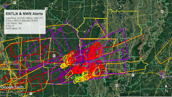 Earth Networks cell tracks and Dangerous Thunderstorm Alerts during the Easter Tornadoes in Louisiana