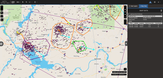 Total lightning data, cell tracks, and alerts on Sferic Maps weather map