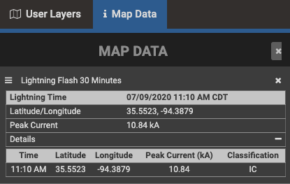 In-cloud lightning data for an individual strike including timing, location, and amp