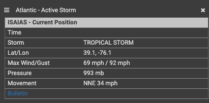 Tropical Storm Isaias current position on Sferic Maps on August 4, 2020