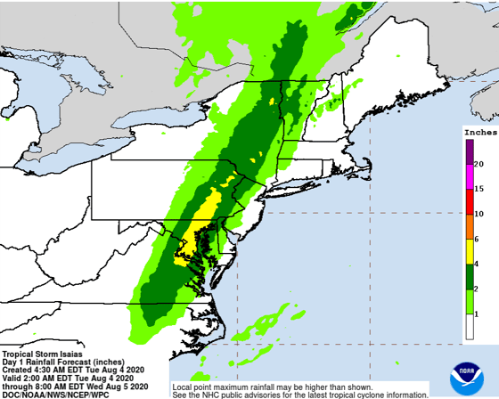 Tropical Storm Isaias Day 1 Rainfall Forecast in inches from NOAA