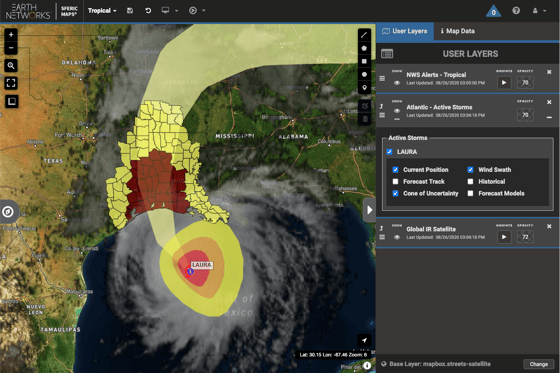 Satellite image of Hurricane Laura as it approaches the Gulf Coast along with hurricane watches and warnings from the NWS