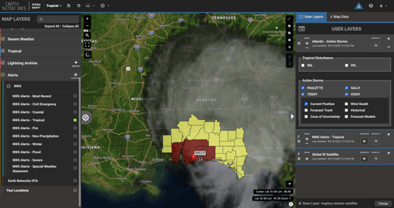 Hurricane Sally Watches and Warnings on September 16, 2020 visualized on Sferic Maps professional weather map