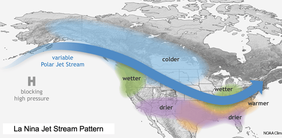 Map showing a la nina winter