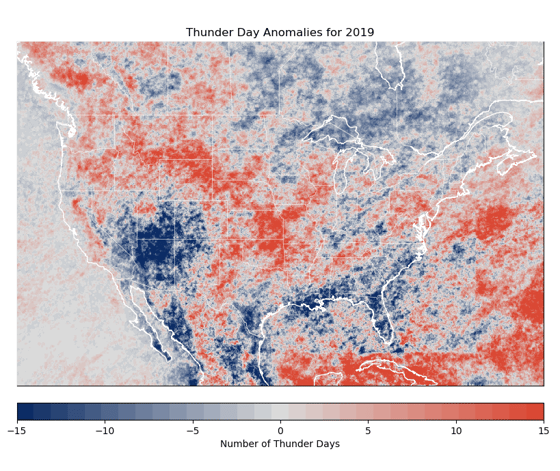 CONUS THunder Day Anomolies showing lightning in the united states