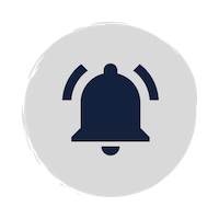 Blue bell icon with two lines representing sound on a grey circle background