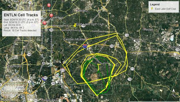 Earth Networks Total Lightning Network Cell Tracks showing storm moving towards East Lake Golf Club