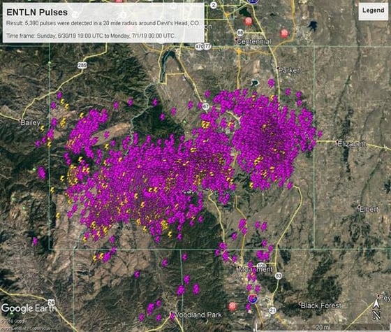 Total lightning detection showing the in-cloud and cloud-to-ground lightning strikes at Devil's Head, Colorado on June 30, 2019