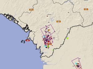 The Total Lightning Network shows the very intense storms north of Forecariah. Lightning rates exceeded 50 flashes per minute.