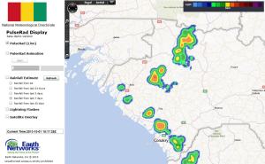PulseRad proxy radar shows strong storms moving out of the highlands as well as a line of sea breeze thunderstorms in western Guinea.