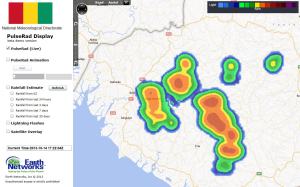 Radar shows area of strong storms tracking toward the coast between Boke and Fria.