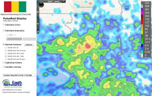 Simulated radar based on the total lightning detection shows strong storms in NW Guinea. An almost daily afternoon occurance lately. Rainfall totals the past seven days have exceeded 8" in part of Fouta Djallon.