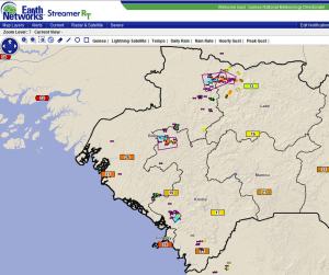 Visualization system shows lightning associated with storms across the western half of Guinea. Purple polygons indicate areas under Dangerous Thunderstorm Alerts for heavy rain and frequent lightning along with some gusty winds.