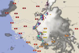 Visualization software shows total lightning detection at 3 p.m. local time and tracks of severe cells. Current air temperatures are plotted. Notice very warm and unstable airmass over Senegal. Purple polygons are Dangerous Thunderstorm Alerts indicating areas of the most severe weather in the area of storms shown in the infrared satellite image.