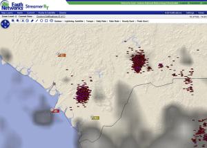 Very frequent lightning has triggered the issuance of Dangerous Thunderstorm Alerts (purple polygons) in this region.