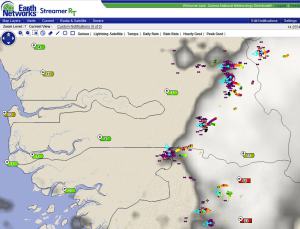 Lightning and Cell Tracks with Dangerous Thunderstorm Alerts