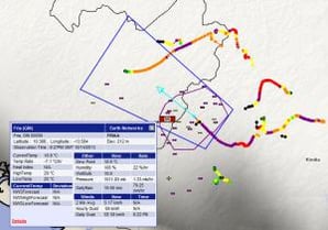 Image shows a strong storm with frequent lightning moving into Fria. A Dangerous Thunderstorm Alert Polygon overs the area to be affected by the storm. The image shows a wind gust value of almost 60 km/hr that occured as the storm moved into the city.