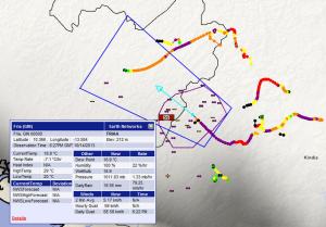 Image shows a strong storm with frequent lightning moving into Fria. A Dangerous Thunderstorm Alert Polygon overs the area to be affected by the storm. The image shows a wind gust value of almost 60 km/hr that occured as the storm moved into the city.