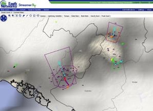 Image shows the strongest of the storms and the associated Dangerous Thunderstorm Alert that was automatically issued.