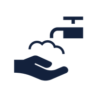 Dark blue cartoon water faucet, soap , and hand to represent someone washing their hands