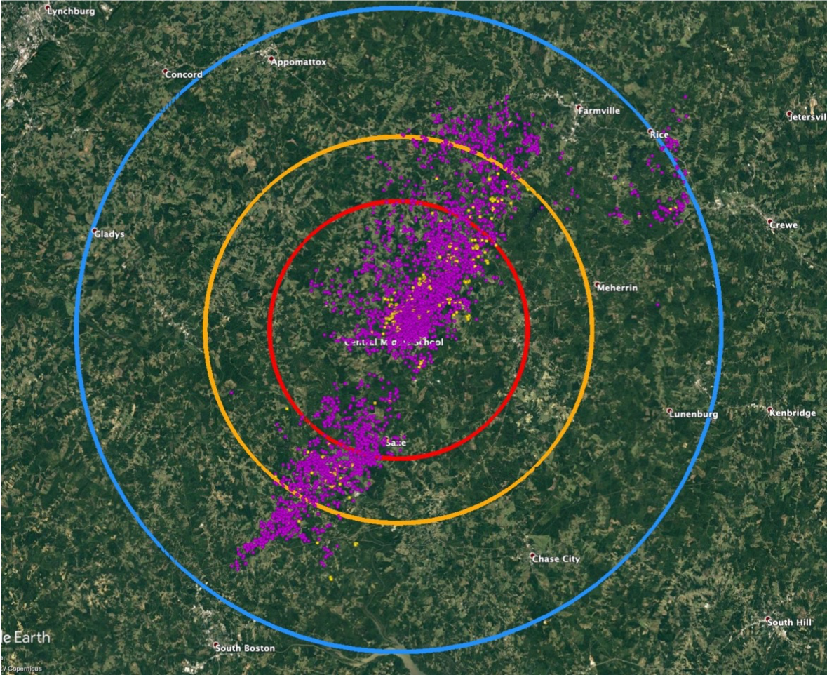 In-cloud and cloud-to-ground lightning pulses at a middle school during the time a student was struck by lightning indoors on September 18, 2018