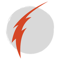 A skinny red lightning bolt over a grey circle