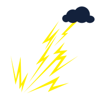 A dark blue thundercloud with a bunch of bright yellow lightning strikes extending downward from it 