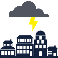 Icon of a thundercloud with a lightning bolt headed towards buildings