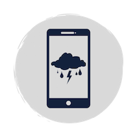 Blue phone icon with blue thunder cloud and lightning strike on the screen