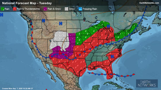National Forecast Map for Tuesday, September 8 showing early season snow in the rockies