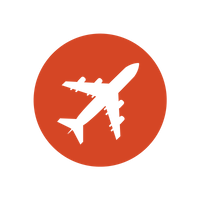 A circular red icon of an airplane