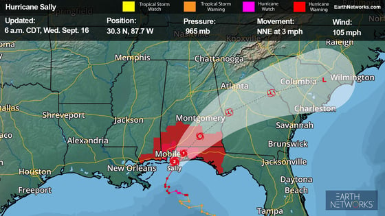 Weather Map of Hurricane Sally slamming into the Gulf Coast on September 16, 2020