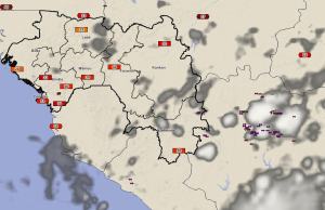 Image shows lightning being detected in strong storms over Ivory Coast. Hot temperatures and limited storm activity elsewhere.