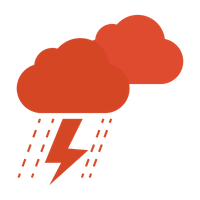 Two thunderclouds with lightning and rain extending from one