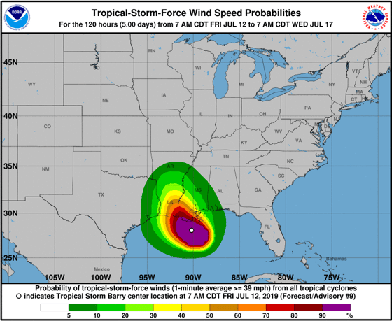 Tropical Storm Barry tropical storm force wind probability graphic from NOAA, NWS, and NHC